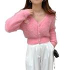 Flower Embroidered Fluffy Cropped Cardigan
