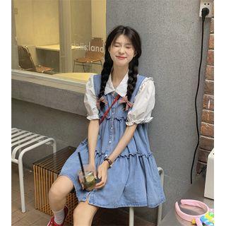 Short-sleeve Plain Blouse / Button-up Denim Overall Dress