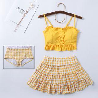 Set: Ruffled Spaghetti-strap Swim Top + Plaid Swim Skirt