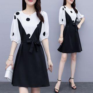 Elbow-sleeve Paneled Dotted Mini A-line Dress