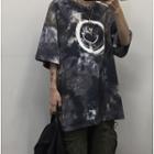 Short-sleeve Dip-dyed Smile Face T-shirt As Shown In Figure - One Size