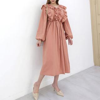 V-neck Frilled-detail Midi Dress