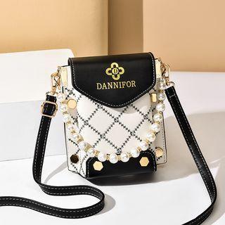 Argyle Stitched Faux Pearl Strap Crossbody Bag