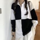 Collared Checker Print Sweatshirt Black & White - One Sizec
