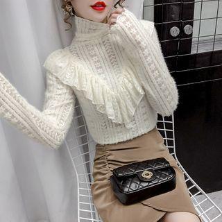 Turtleneck Ruffle Trim Lace Top