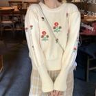 Flower Embroidered Sweater 20509:28383 - Red Floral - White - One Size