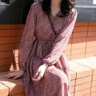 Long-sleeve Floral Print V-neck Midi Dress Red - One Size