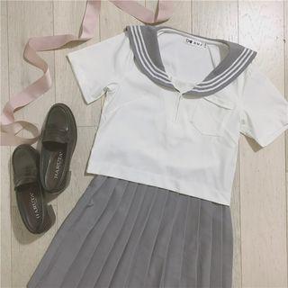 Set: Short-sleeve Collared Top + Pleated Mini Skirt