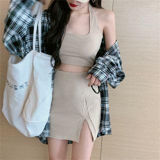 Plain Camisole + High-waist Plain Skirt / Plaid Long-sleeve Shirt