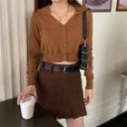 Long-sleeve Collared Button-up Knit Top / Mini A-line Skirt / Belt / Set