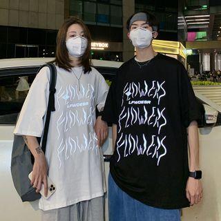 Couple Matching Elbow-sleeve Reflective Letter Printed T-shirt