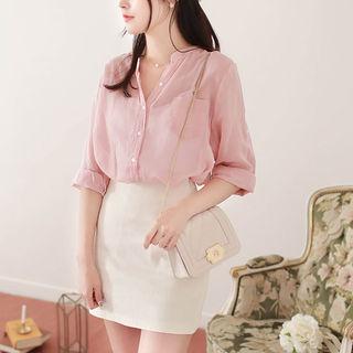 Open-placket Sheer Cotton Blouse