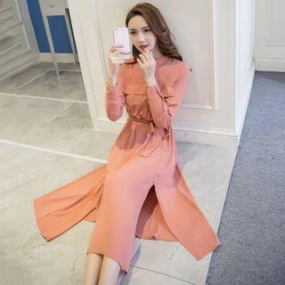Plain Slit Hem Long Sleeve Midi Dress