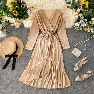 Long-sleeve Velvet Midi A-line Wrap Dress