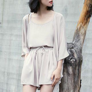Set: Plain Camisole Top + Light Jacket + Shorts