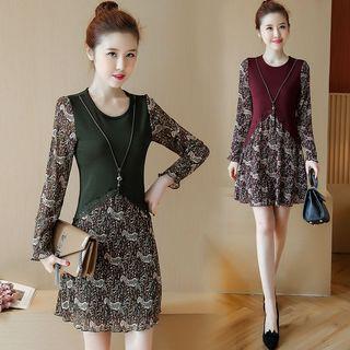 Printed Long-sleeve Mock Two-piece Dress