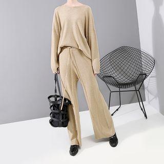Set: Knit Long-sleeve Top + Drawstring Wide-leg Pants