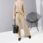 Set: Knit Long-sleeve Top + Drawstring Wide-leg Pants