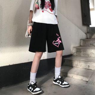 Elastic Waist Heart Printed Shorts