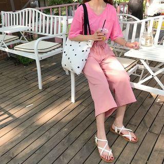 Plain Short-sleeve T-shirt / High-waist Cropped Wide-leg Pants