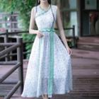 Set: Floral Sleeveless Midi A-line Dress + Open Front Long Jacket