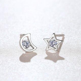 Non-matching Rhinestone Crescent Star Stud Earring Star & Moon - One Size