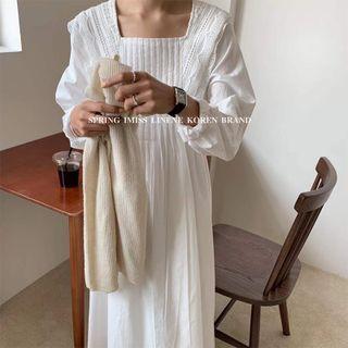 Long-sleeve Square-neck Midi A-line Dress White - One Size