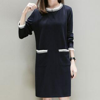 Fringed Trim Long-sleeve Shift Dress