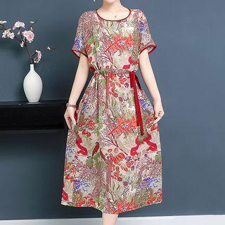 Print Short-sleeve Midi Silk Dress