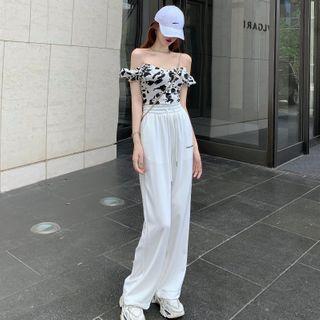 Off-shoulder Cow Print Top / Lettering Print Drawstring Sweatpants