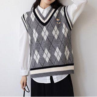 Argyle Bear Embroidered Sweater Vest