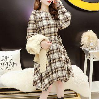 Set: Long-sleeve Plaid Midi A-line Dress + Turtleneck Knit Shawl