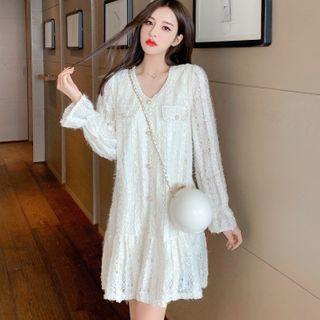 Bell-sleeve V-neck Plain Lace Mermaid Dress