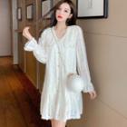 Bell-sleeve V-neck Plain Lace Mermaid Dress