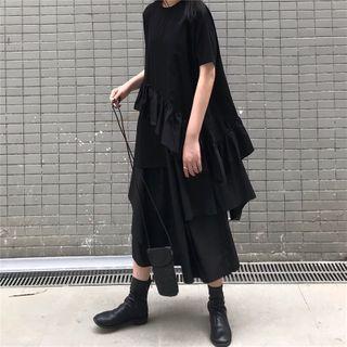 Short-sleeve Asymmetric Top / Cropped Wide-leg Pants