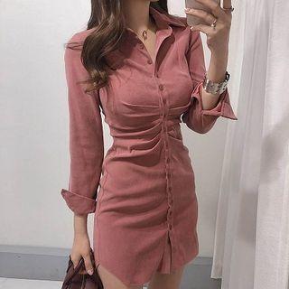 Plain V-neck Single-breasted Slim-fit High-waist Long-sleeve Dress