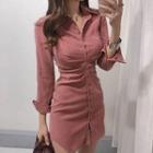 Plain V-neck Single-breasted Slim-fit High-waist Long-sleeve Dress