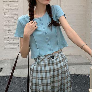 Short-sleeve Button-up Cropped Knit Top / Plaid Wide Leg Pants