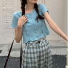 Short-sleeve Button-up Cropped Knit Top / Plaid Wide Leg Pants