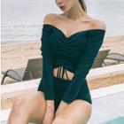 Set: Off-shoulder Drawstring Swim Top + Swim Bottom