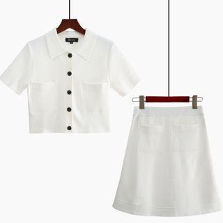 Short-sleeve Plain Single-breasted Top / High-waist Plain Skirt