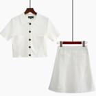 Short-sleeve Plain Single-breasted Top / High-waist Plain Skirt