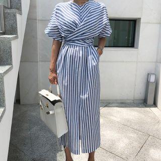Short-sleeve Striped Maxi Wrap Dress As Shown In Figure - One Size