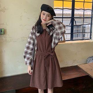 Set: Plaid Lantern-sleeve Blouse + Jumper Dress