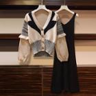 Set: Patterned Cardigan + Sleeveless Midi A-line Dress