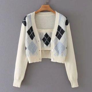Set: Argyle Print Knit Camisole Top + Cardigan Set Of 2 - Knit Camisole Top & Cardigan - Argyle Print - Blue & White - One Size