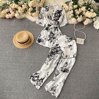 Set : Print Lace-up Strap Top + Wide-leg Pants