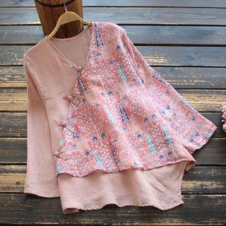 Long-sleeve Print Panel Frog Buttoned Top