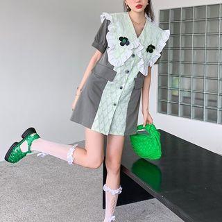 Elbow-sleeve Ruffled Button-up Mini Dress