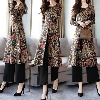 Set: Front Zip Printed Long-sleeve A-line Dress + Cropped Pants